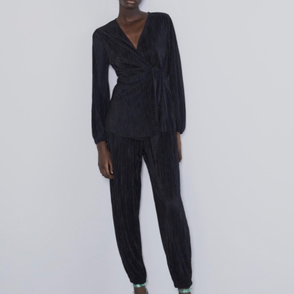 Zara Black Pleated Wrap Top NWT
